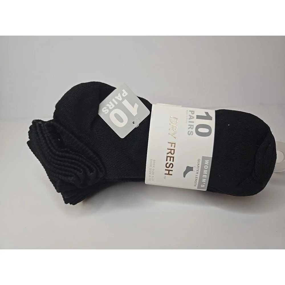 Dry Fresh Socks Women's Quarter Length Shoe Size 4-10 Black 10 Pairs New